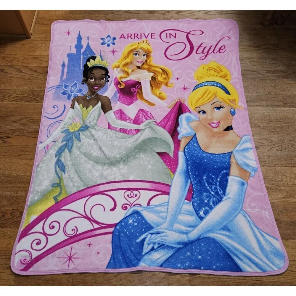 Disney Princess Pink Fleece Blanket Cinderella Tiana Aurora Arrive In Style NW